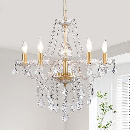 Gold Candle Crystal Glass Dining Room Chandelier 5-Light Pendant Ceiling Lighting Fixture for Kitchen Hallway Living Room Bedroom Bar Closet, Luxury Contemporary Elegant Lamp, 23 Inch