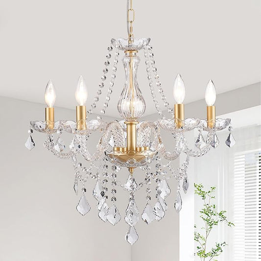 Gold Candle Crystal Glass Dining Room Chandelier 5-Light Pendant Ceiling Lighting Fixture for Kitchen Hallway Living Room Bedroom Bar Closet, Luxury Contemporary Elegant Lamp, 23 Inch
