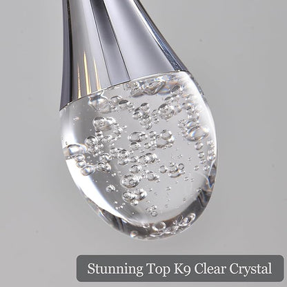 Modern Crystal Chandelier 9-Lights Chrome, H98.5'' High Ceiling Spiral Dimmable LED Bubble Crystal Raindrop Light Fixture for Foyer Entryway Dining Room Remote Control
