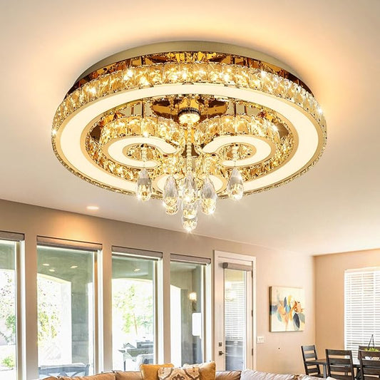 HAIXIANG Modern Chandeliers Bedroom LED Light Crystal Flush Mount Ceiling Lights for Dining Room Gold Chandelier Sparkling Interior Luxury Lighting Fixtures Living Room Dimmable Light 2700K 6000K