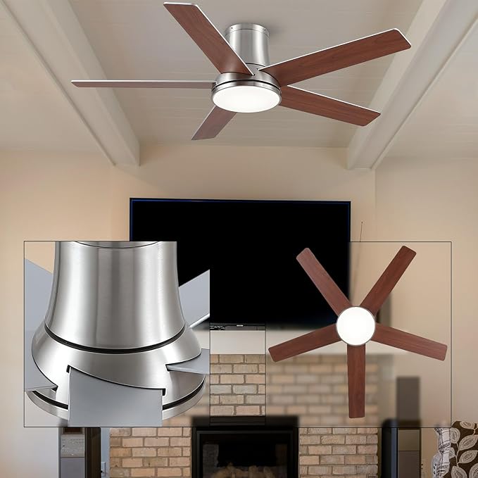 52 Inch Ceiling Fans with Lights and Remote,Nickel Flush Mount Ceiling Fan,Quiet 6 Speed Reversible DC Motor,3CCT Dimmable LED,3 Timers-Low Profile Design for Bedroom Kids Room Living Room