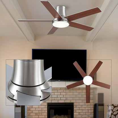 52 Inch Ceiling Fans with Lights and Remote,Nickel Flush Mount Ceiling Fan,Quiet 6 Speed Reversible DC Motor,3CCT Dimmable LED,3 Timers-Low Profile Design for Bedroom Kids Room Living Room