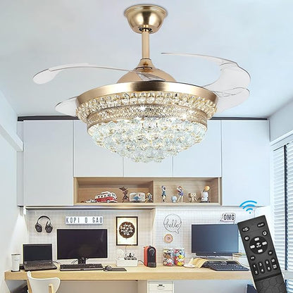 42" Invisible Ceiling Fan Chandelier with Light,Modern Crystal Ceiling Fan Light Remote Control 4 Retractable ABS Blades for Bedroom Living Dining Room Decoration (Golden)
