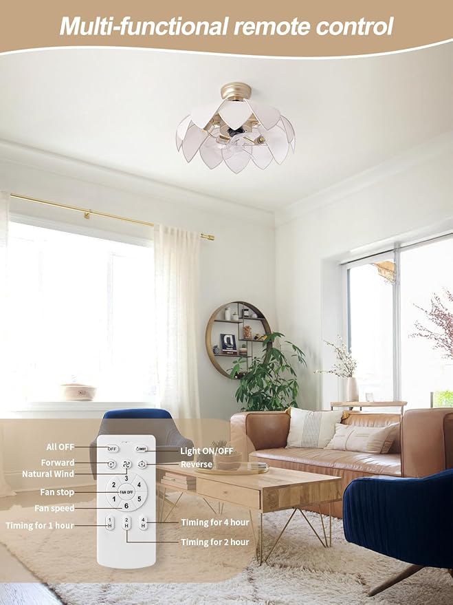 ainqiant 20" Gold Fandelier Ceiling Fans with Lights,Flower Chandelier Ceiling Fan with Light and Remote Control, Boho Fandelier with 6 Speeds for Bedroom, Nursery, Living Room