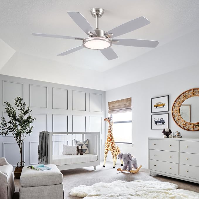 Hounberi Ceiling Fans with Lights, 52 Inch Brushed Nickel Ceiling Fan with Light and Remote Control, 3CCT, 6 Speeds, Quiet Reversible DC Motor, Dimmable, Ceiling Fan for Bedroom, Patio, Living Room