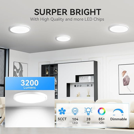 12Inch Dimmable LED Ceiling Lights, 5 Colors Selectable (3000K-6000K) Flush Mount Ultra Thin LED Lights, 0.87Inch for Living Room (White, 12in-2Pack(5 Colors))