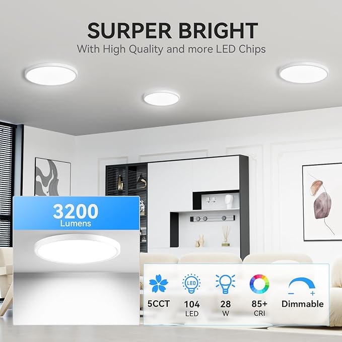 12Inch Dimmable LED Ceiling Lights - Selectable Color (5 Colors) Flush Mount - Ultra Thin (0.87Inch) Living Room Lights (White, 12in-6Pack)