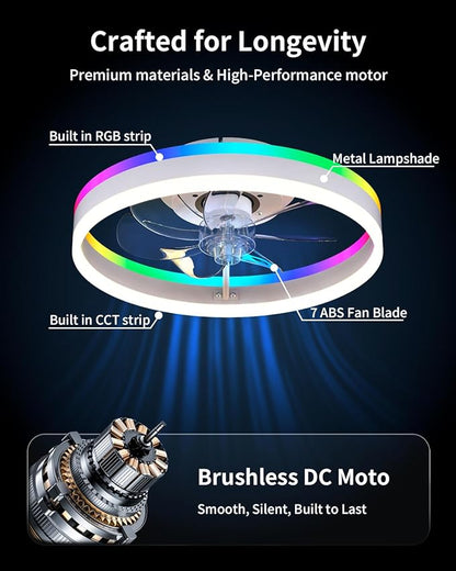 RGB Ceiling Fan with Lights, low profile ceiling fans with lights and remote, Flush Mount LED Fan Light, Modern Bladeless Fandelier for Bedroom Works with APP, 16IN White