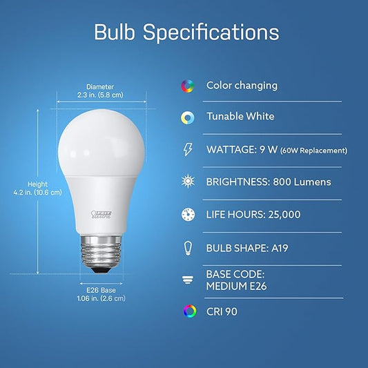 Feit Electric A19 Smart LED Light Bulb, 60W Equivalent, Dimmable, RGBW Color Changing, Alexa & Google Home Compatible, 2.4GHz Wi-Fi Enabled, 800 Lumens, 25,000-Hour Lifetime, OM60/RGBW/CA/AG/6, 6-Pack