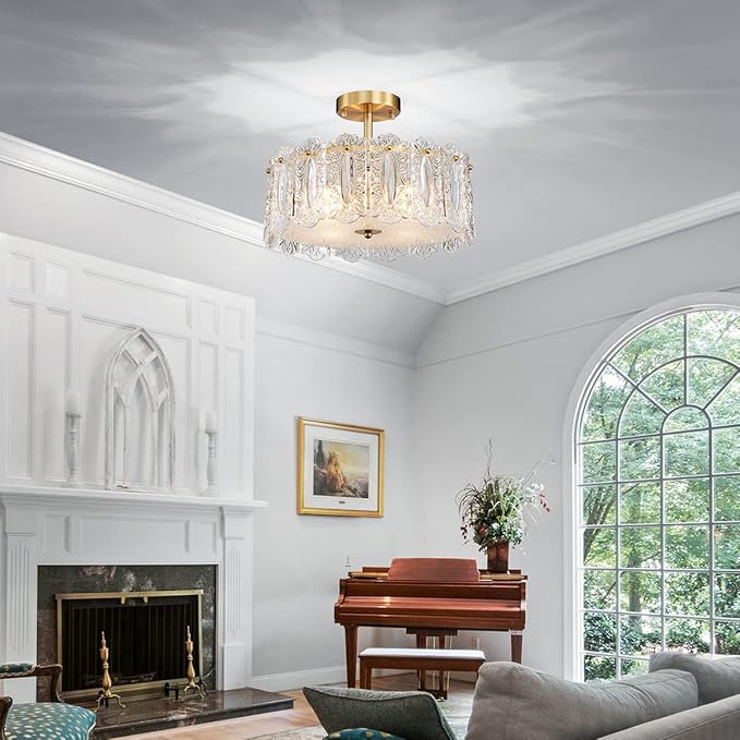 AGV LIGHTING Elegant Glass Chandelier Ceiling Light Fixture, Semi Flush Mount Ceiling Light for Bedroom, Modern Vintage Lighting, D15 x H10, Brass Gold Finish