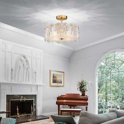 AGV LIGHTING Elegant Glass Chandelier Ceiling Light Fixture, Semi Flush Mount Ceiling Light for Bedroom, Modern Vintage Lighting, D15 x H10, Brass Gold Finish