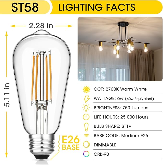Gozelux Vintage LED Edison Bulbs, 6W, Equivalent 60W, Dimmable, High Brightness Warm White 2700K, ST58 Antique LED Filament Bulbs with 90+ CRI, E26 Standard Base Light Bulbs, Clear Glass, Pack of 4