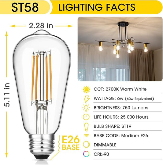 Gozelux Vintage LED Edison Bulbs, 6W, Equivalent 60W, Dimmable, High Brightness Warm White 2700K, ST58 Antique LED Filament Bulbs with 90+ CRI, E26 Standard Base Light Bulbs, Clear Glass, Pack of 4