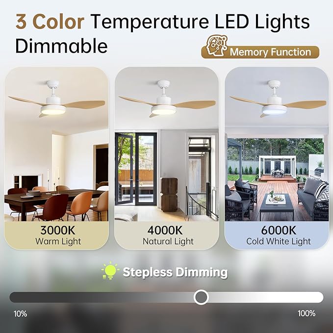 48 Inch Ceiling Fan with Lights Flush Mount Modern Outdoor Ceiling Fans with Remote,3 CCT Dimmable Quiet DC Motor & Timer for Patio/Bedroom/Farmhouse/Indoor (Natural Wood, 48 Inch/Smart Control)