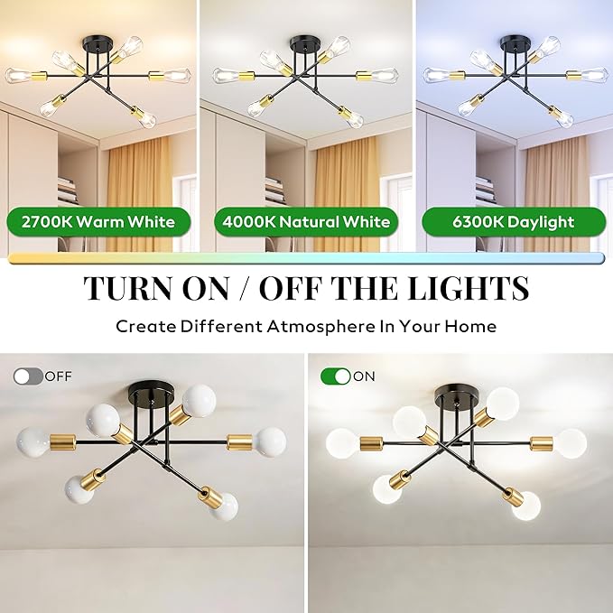 Modern Sputnik Chandelier Ceiling Light Fixtures, 6-Lights 22” Mid Century Industrial Metal Semi Flush Mount for Dining Room, Bedroom, Living Room-Black and Gold