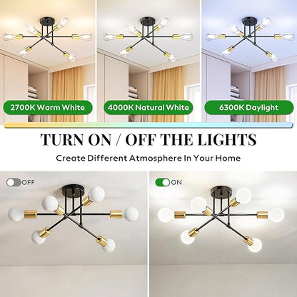 Modern Sputnik Chandelier Ceiling Light Fixtures, 6-Lights 22” Mid Century Industrial Metal Semi Flush Mount for Dining Room, Bedroom, Living Room-Black and Gold
