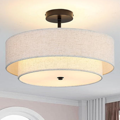 18" Semi Flush Mount Ceiling Light with Fabric Lampshade Modern Drum Ceiling Lamp Black Ceiling Light Fixture for Dining Room Kitchen Bedroom Living Room