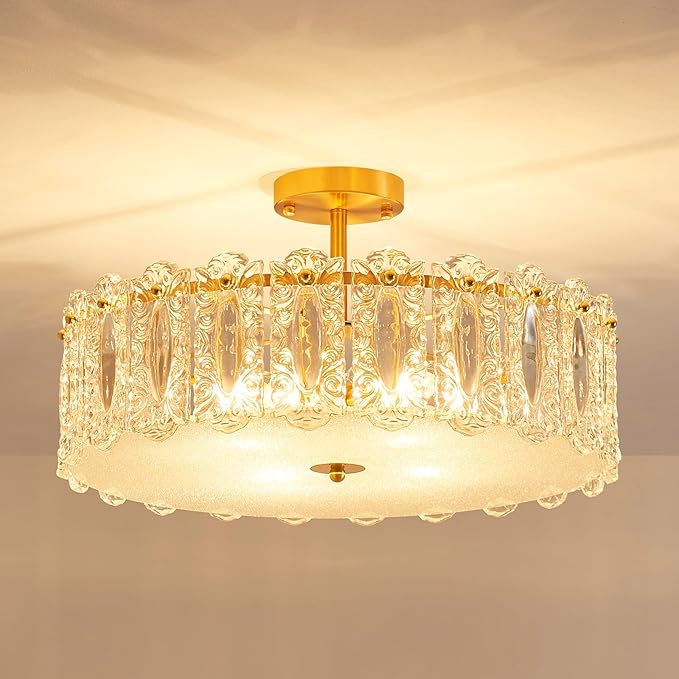 AGV LIGHTING Flush Mount Chandelier Light Fixture, Modern Gold Chandelier, D20 x H10, E12 Base 4-Lights, Glass Shade & Brass Finish