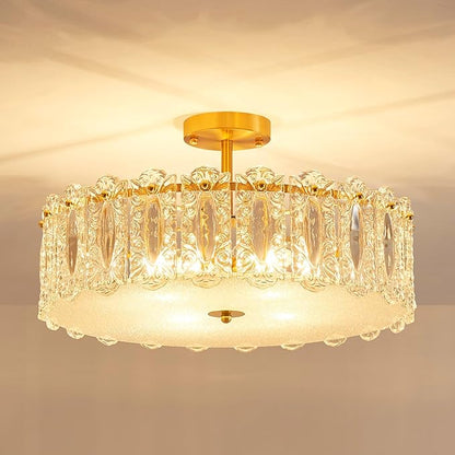 AGV LIGHTING Flush Mount Chandelier Light Fixture, Modern Gold Chandelier, D20 x H10, E12 Base 4-Lights, Glass Shade & Brass Finish