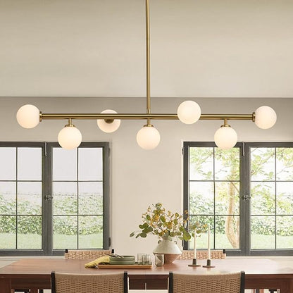 Mid Century Chandelier, Gold Sputnik Pendant Light with White Glass Lampshade,7 Lights Globe Rectangle Linear Chandeliers for Dining Room Kitchen L43.3 in x W11.8 in