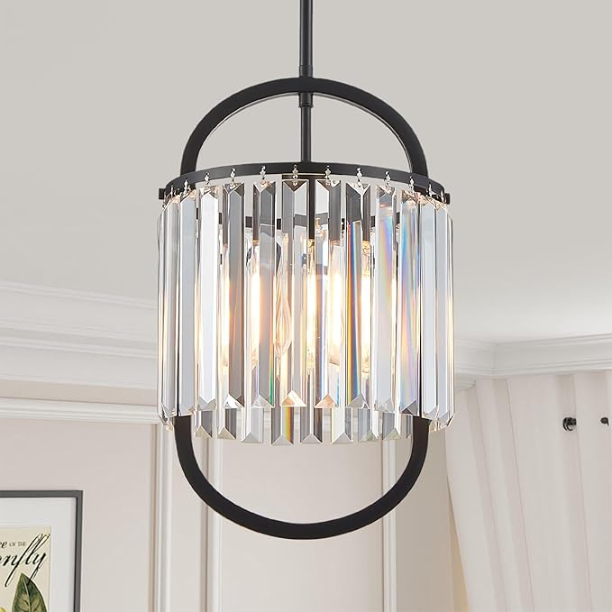 Black Crystal Pendant Light for Dining Room, 9.4" Mini Luxury Crystal Chandelier Lights Fixture, Small Modern Elegant Adjustable Chandelier for Bedroom Kitchen Island