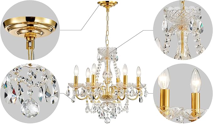 AGV LIGHTING Crystal Chandeliers Light Fixture, Mid-Century Style, Perfect for Living Space, 6-Light Sockets, D21 x H20, Adjustable Chains 59", Shinny Gold Frame