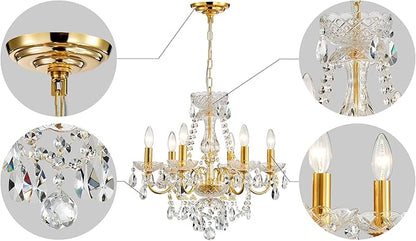AGV LIGHTING Crystal Chandeliers Light Fixture, Mid-Century Style, Perfect for Living Space, 6-Light Sockets, D21 x H20, Adjustable Chains 59", Shinny Gold Frame