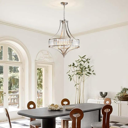 Modern Crystal Chandelier Brushed Nickel, 6-Light Round Pendant Lighting Fixtures, 21.6" Height Adjustable Ceiling Light for Living Room, Kitchen, Dining Room