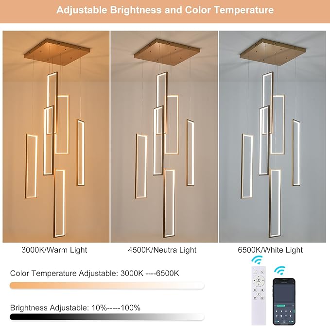 GEADI Modern Led Chandelier with Remote, Foyer Chandeleirs for High Ceilings, Dimmable Large Chandelier Staircase Pendant Light Fixture for Entryway Living Room(6 Lights,3000-6500K)