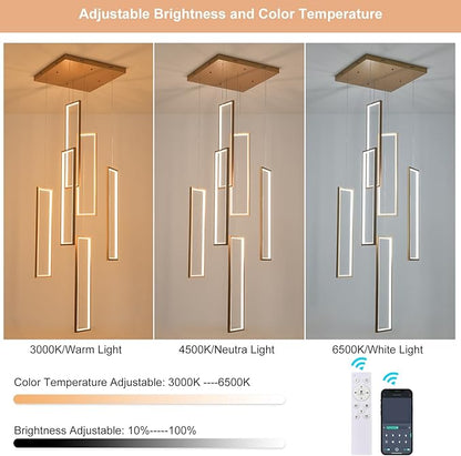 GEADI Modern Led Chandelier with Remote, Foyer Chandeleirs for High Ceilings, Dimmable Large Chandelier Staircase Pendant Light Fixture for Entryway Living Room(6 Lights,3000-6500K)