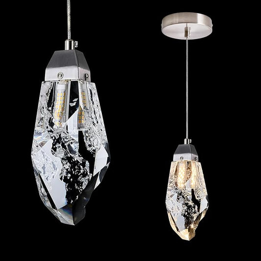Brushed Nickel Crystal Pendant Light with Prism K9 Crystals, Modern LED Kitchen Island Hanging Light Fixture Adjustable Single Pendant Chandelier for Dining Room, Bedroom, Bathroom, Bar