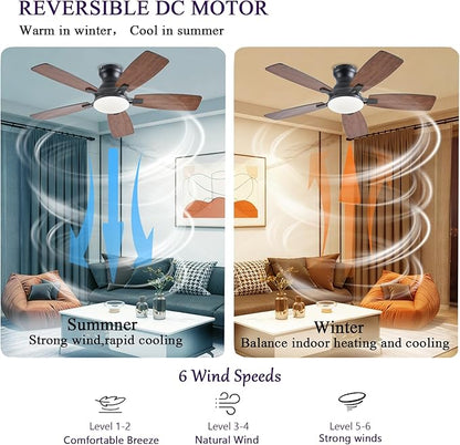 NKPU Ceiling Fans with Lights, Low Profile Ceiling Fan with Light and Remote/APP Control, DC Motor, Noiseless, Flush Mount, 42inch Brown Ceiling Fan for Bedroom Indoor/Outdoor Use