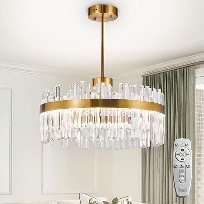 Depuley Modern Gold Crystal Chandeliers: 23.6" Dimmable LED Chandeliers Light Fixture with Remote Control - 3 Colors Contemporary Pendant Ceiling Light for Dining Living Room Kitchen Island Foyer