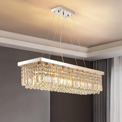 Siljoy 8 Lights Modern Crystal Chandeliers, Rectangular K9 Crystal Raindrop Chandelier, Rectangle Pendant Ceiling Light for Dining Room Kitchen Island, Adjustable Hanging Height, L40 x W10 x H10