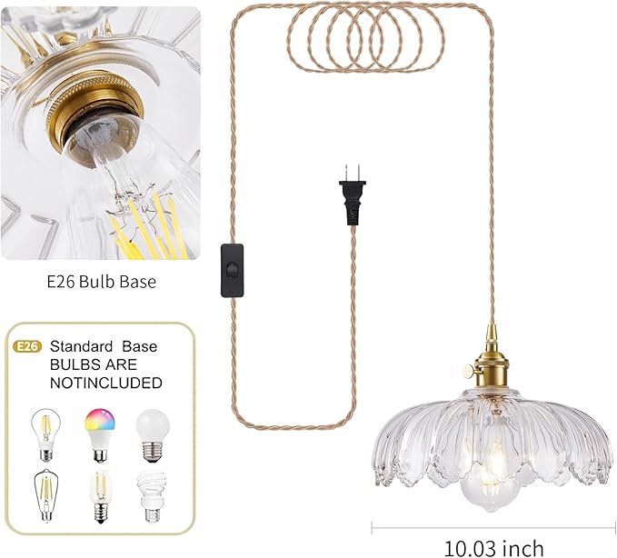 Plug in Pendant Light, Hanging Lights with Plug in Cord, Hanging Light Fixture with Green Glass, E26 Pendant Lighting for Kitchen Island, Bedroom, Dining Room-Clear