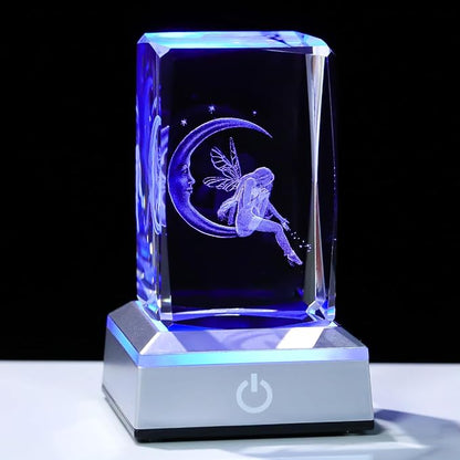 3D Crystal Cube Fairy & Moon Figurines Night Light Room Decor Engraved Glass Fairy Gifts for Girls Adults Women, Collectible Paperweight Statue Ornament