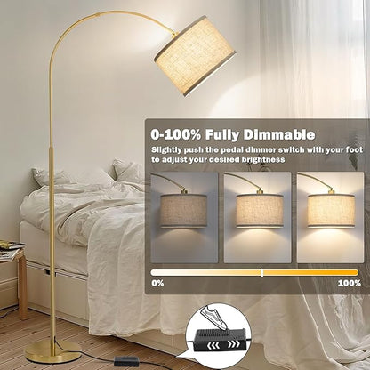 Gold Arc Floor Lamp, Dimmable Floor Lamp for Living Room, Mordern Standing Light with Adjustable Lamp Head, Tall Pole Lamp Over Couch Arched Light for Reading, Bedroom, Office, 9W LED Bulb Included