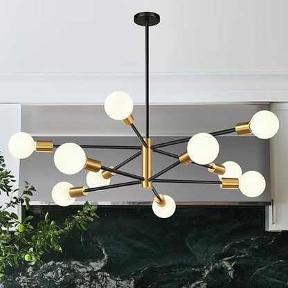 32" Modern Chandelier Ceiling Light Fixture, 10-Light Sputnik Chandeliers Brushed Gold and Black Dining Room Light Fixture, Height Adjustable Chandeliers for Dining Room Living (Bulbs Not Included)