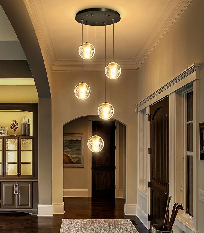 HAIXIANG 5 Lights Globe Chandelier Modern Crystal Glam Light LED Warm Light Pendant Lights for Dining Room Kitchen Island Black Lighting Fixture