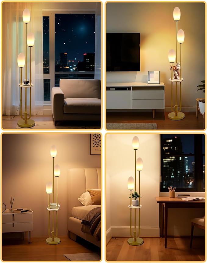 Gold Dimmable Floor Lamp with Table, UniqueTall Standing Lamps with 3000K G9 Bulbs for Reading, Mid Century Modern Floor Lamp with 5Lbs Heavy Base for Living Room Bedroom Office