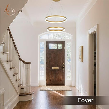 2 Rings Modern LED Chandelier Gold High Ceiling Ring Chandeliers with Remote Control Circular Pendant Light Dimmable for Dining Room Living Room Bedroom Hallway Kitchen Island 3000K-6500K