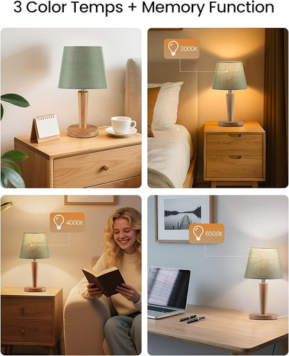 12" Wood Bedside Table Lamps Set of 2, Small Desk Lamps for Small Places, 3 Color Temperatures with Memory, Green Linen Shade & E26 Bulbs, for Bedroom Living Room Office MJ13TLP205