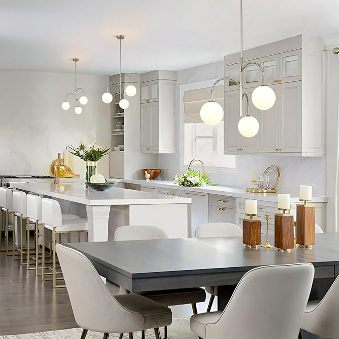 Modern 3 Light Brushed Nickel Chandelier Milk Glass Pendant Lights Kitchen Island White Globe Chandelier Light Fixture Silver Chandeliers for Dining Room
