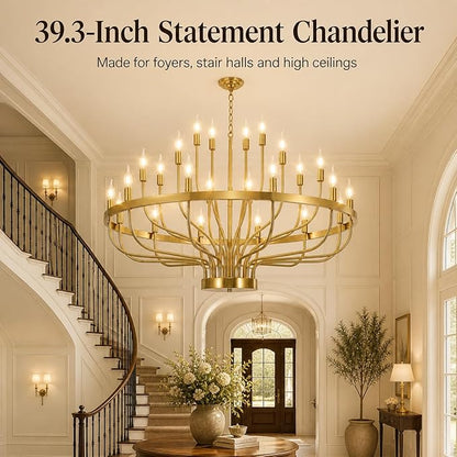 Shandaglo Large Gold Chandelier 24-Light, 39in Wagon Wheel Chandelier for High Ceilings, 3-Tier Foyer Chandelier for Entryway, Dining Room Light Fixture, Living Room Farmhouse Ceiling Light ﻿