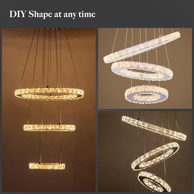 Dimmable Crystal LED Chandelier(3000-6500K) for High Ceiling – Remote Control, Adjustable Height, Modern Stainless Steel Fixture for Foyer, Staircase, Living Room(Chrome 3-Ring)
