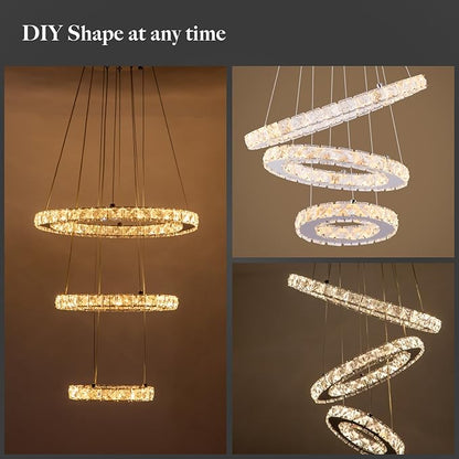 Dimmable Crystal LED Chandelier(3000-6500K) for High Ceiling – Remote Control, Adjustable Height, Modern Stainless Steel Fixture for Foyer, Staircase, Living Room(Chrome 3-Ring)