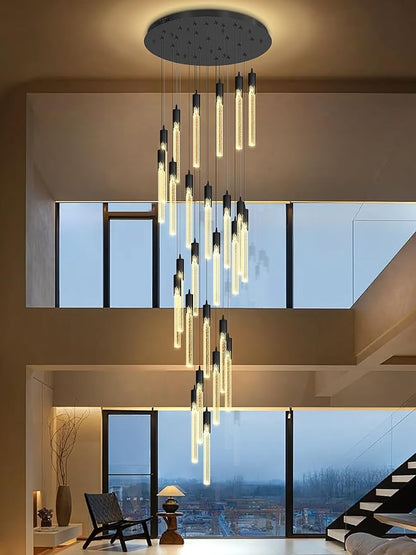 Flashing God Black 28 Lights Large Foyer Chandeliers for High Ceilings 12 feet Long Spiral Stair Pendant Chandelier Crystal Ceiling Light Fixtures Dimmable 2700k-4500k-6000k