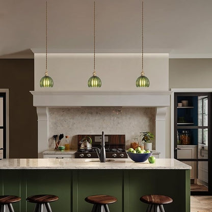Shenmoyl Pendant Light with Green Tulip Glass Lmapshade, Brass Vintage Pendant Light Adjustable Hanging Light for Kitchen Island Dining Room Hallway