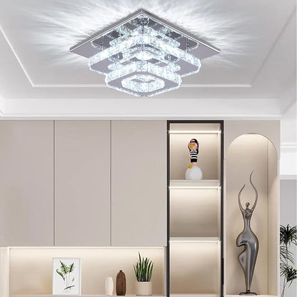 Finktonglan 9.8" Square Crystal Flush Mount LED Ceiling Light, Cool White 6500K, K9 Crystal Mirror Base, Close-to-Ceiling, Non-Dimmable, 85–260V