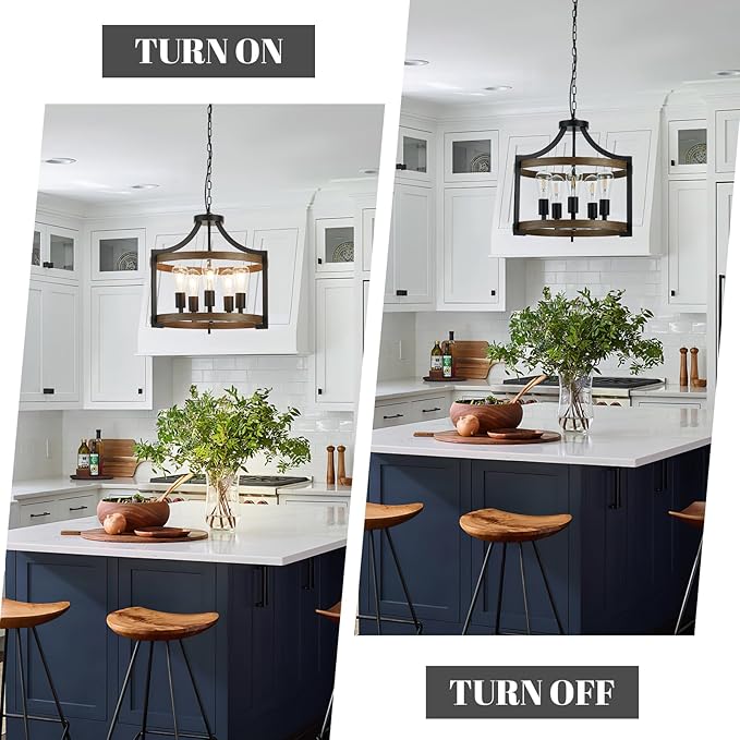 5-Light Farmhouse Chandelier, 20" Black Metal Faux Wood Pendant Light Fixtures, Hanging or Semi Flush Mount Rustic Chandelier for Dining Room, Foyer, Living Room, Kitchen